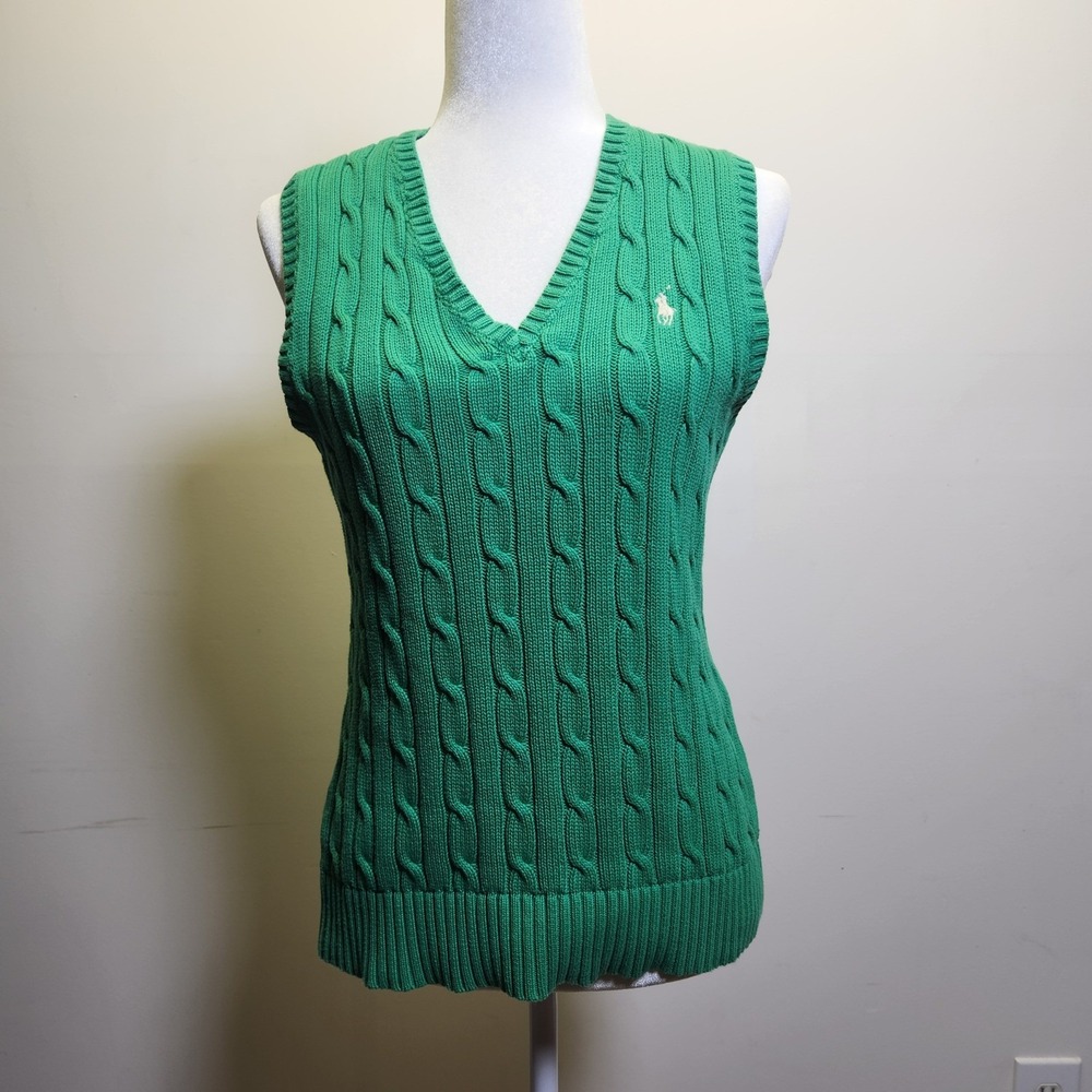 Ralph Lauren Sport Women's Cable Knit Sweater Vest Med Embroidered Pony V-Neck